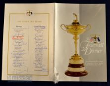 Scarce 1995 Ryder Cup Golf fully signed Farewell Dinner menu – played at Oak Hill Rochester New York