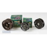 2x Quantum Fly Fishing Reels – QFR78 LA large arbor 4 ¾" and a QFR56 3 ¼" reel, both with