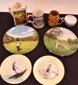 A collection of golf ceramic collectables to include Walker jug Sadler tartan mug Royal Dolton