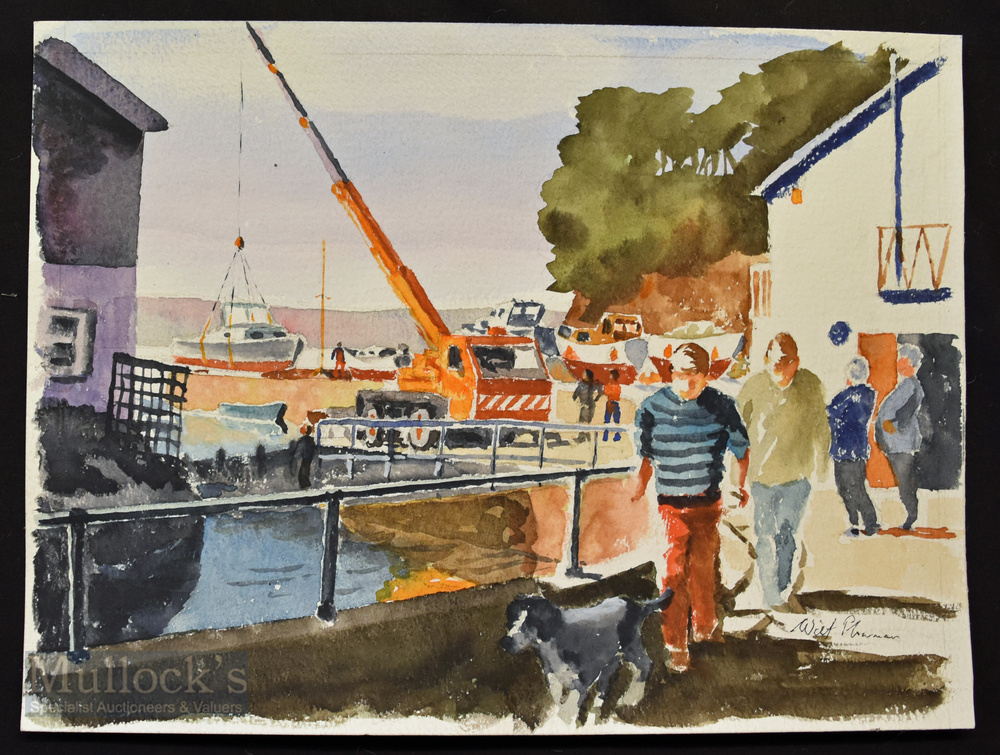 Coastal Port Scene Watercolour unclear signature of what looks like Wilf Plarman? Size is 38cm x