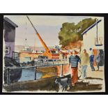 Coastal Port Scene Watercolour unclear signature of what looks like Wilf Plarman? Size is 38cm x