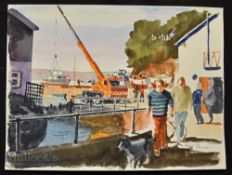 Coastal Port Scene Watercolour unclear signature of what looks like Wilf Plarman? Size is 38cm x