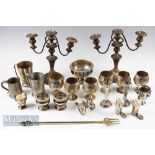 A good Collection of assorted Metalware to include silverplate, Victorian Candelabra. Tankards,