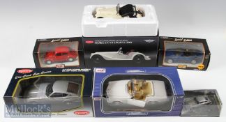 6x Diecast Boxed Scale Models Cars incl' Maisto Volkswagen (1973) 1:24, Maisto Jaguar XK8 (1996) 1: