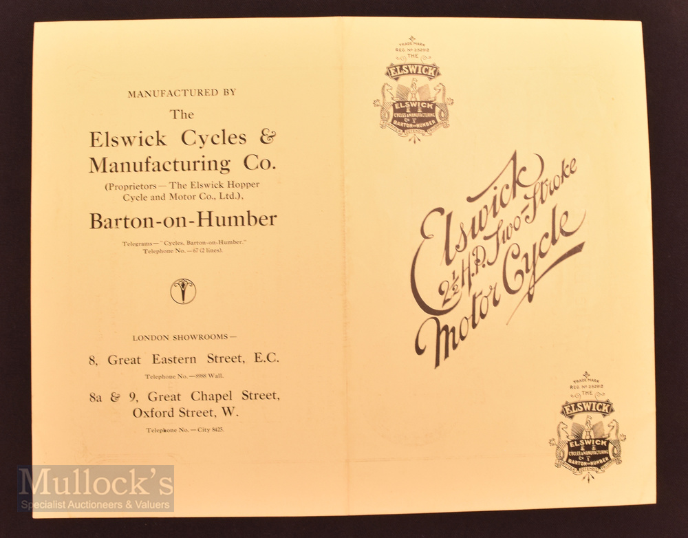 The Elswick 2½ HP Two-Stroke Motorcycle, circa 1913. A 4-page Brochure illustrating and detailing