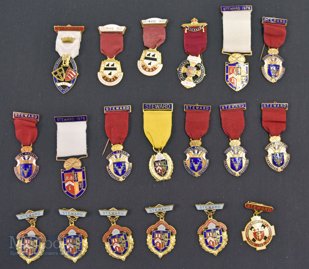 1940-1990 Masonic Jewels/Medals A good mixture of Steward medal with ribbons and pins (19)