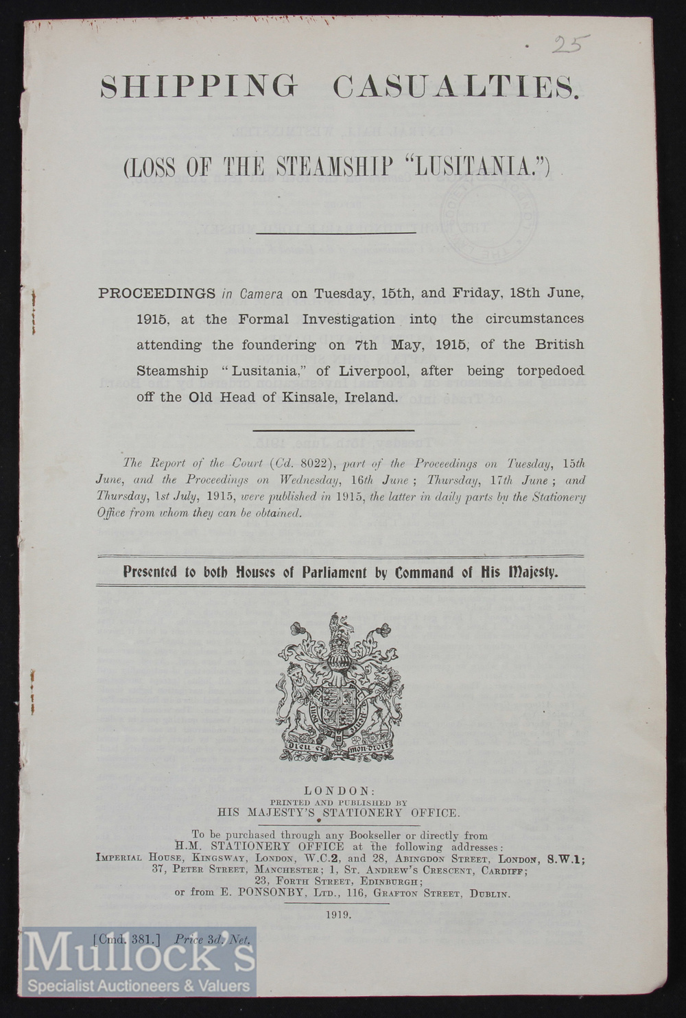 1919 Lusitania list of Shipping Casualties, 22-page HMSO Publication of the Formal Investigation