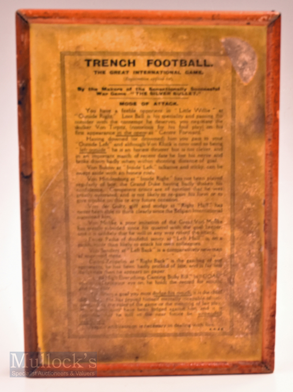 WWI Trench football game made 1915 - Green and on laid orange card boards with cut-out game design - Image 3 of 3