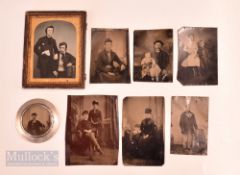 9x Victorian Tin Type Photographs – one in period frame with another in a small circular