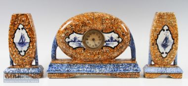 French Ceramic Mantel Clock Garniture 3 piece with, decorated with windmill and sailing boats has