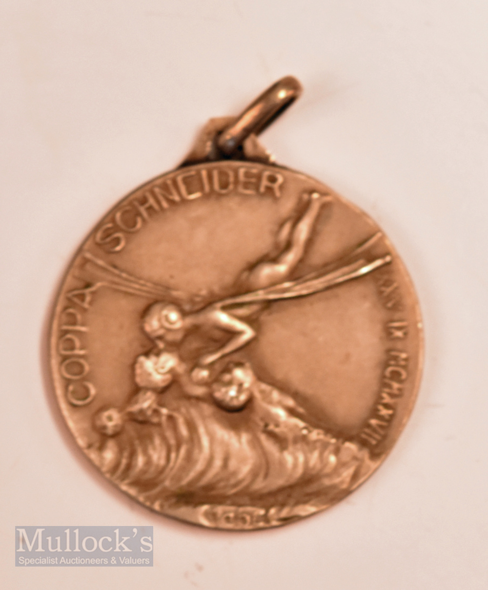 Schneider Trophy Cup Air Races, 1927 White Metal Medallion Obverse; Racing Seaplane, and winged - Image 2 of 2