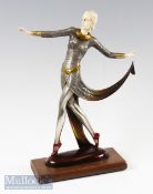 Later 20th century Art Deco Style figure of a Dancer with ivory style inserts on a wooden style base