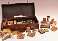 Collection of 20x Period Matchbox Holder match strikers in a small travel case, brass, copper pewter