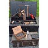 Large Wooden Carpenters Chest with wooden compartments and a quantity of tools, hammers, rule, drill