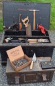 Large Wooden Carpenters Chest with wooden compartments and a quantity of tools, hammers, rule, drill