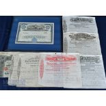 1885 American Framed Share Certificate Phelps Dodge Corporation to include 1906 Russian (worn), 1898