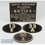 4x Railway Engine Shed Numbers and Great Western Railway signal box notice, all are more modern cast