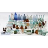 Collection of Old Glass Bottles to include a very small Hoods liver pills, sheared top green ink