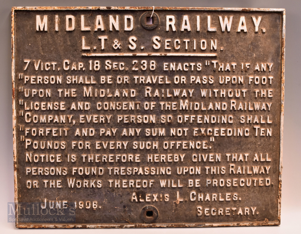 1906 Cast Sign Midland Railway L T & S Section, believed to be London, Tilbury and Southend Railway,
