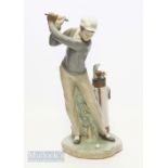 Lladro Bone China Golfer Figure standing about to swing next to bag of clubs, detachable golf club