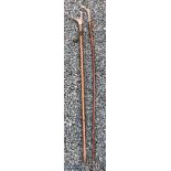 2x Walking Staff Sticks with Antler handles 1 has been made into a whistle, the tallest is 130cm