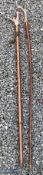 2x Walking Staff Sticks with Antler handles 1 has been made into a whistle, the tallest is 130cm
