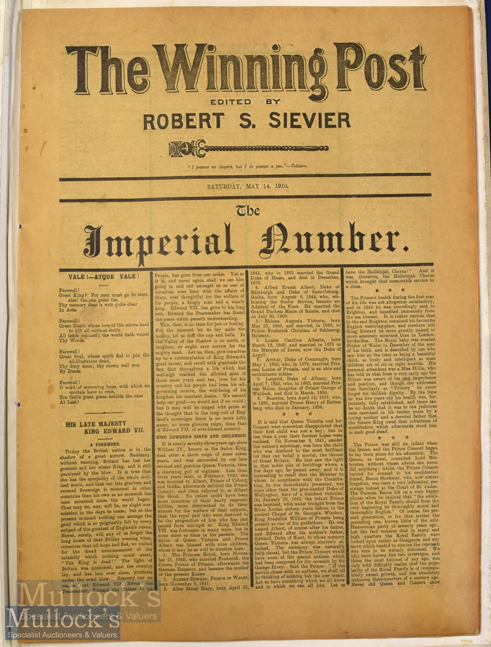 1910 The Winning Post 'The Imperial Number' Newspaper by Robert S Sievier dated Saturday May 14 a