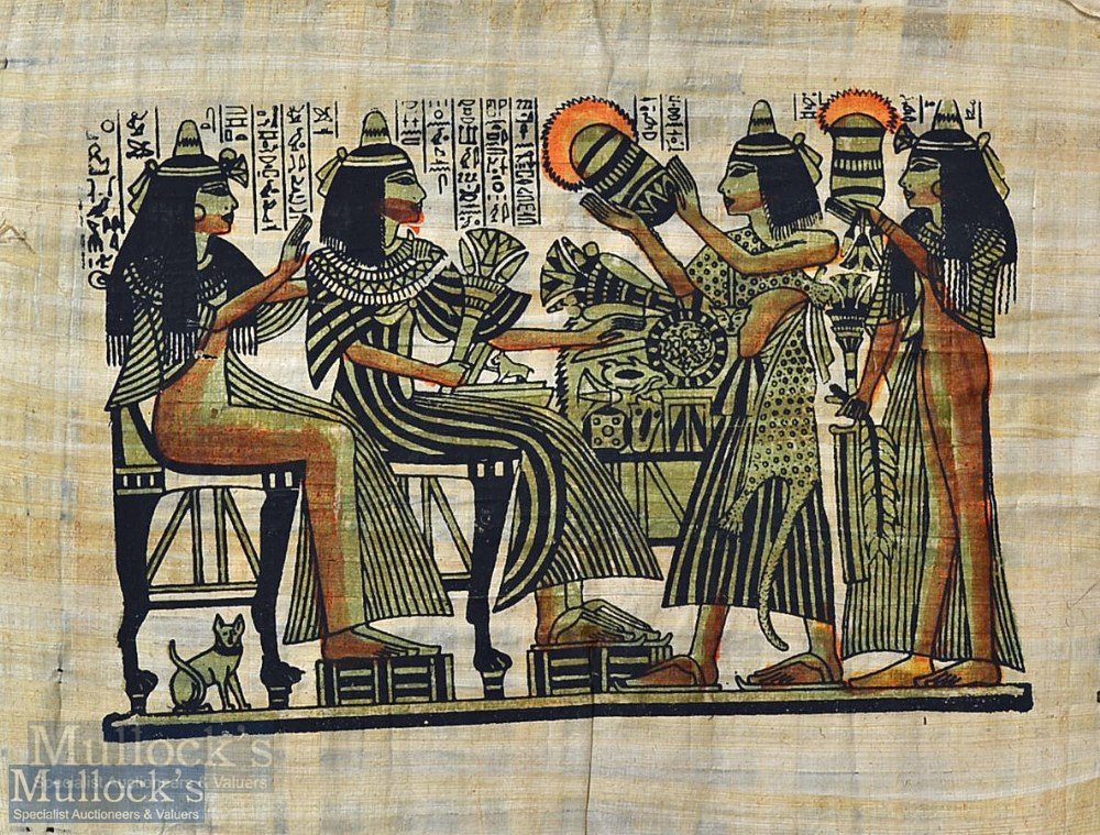 Interesting Egyptian Print – appears on 'papyrus', with scenes of females offering gift, measures