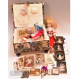 Padding small stool full of doll and craft items, Framed dolls, purses dolls house items mirror,