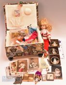 Padding small stool full of doll and craft items, Framed dolls, purses dolls house items mirror,