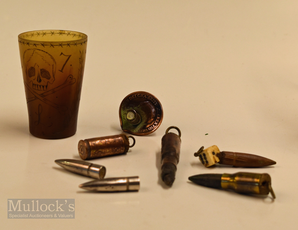 Trench Art related items to include a gaming pot, bullet through a penny and an engraved 17th