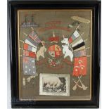 WWI Military - Period Wool Work Display depicting allied flags to the centre with ship, plane, canon