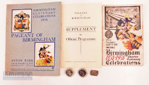 c1938 Birmingham Centenary Celebrations Of ficial Programme, Souvenir Booklet and 3 enamel /metal