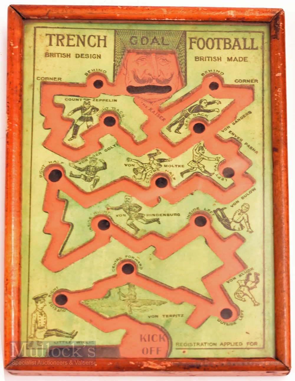 WWI Trench football game made 1915 - Green and on laid orange card boards with cut-out game design - Image 2 of 3
