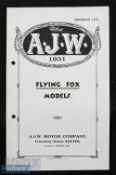 A J W Motor Cycles 1931 Sales Catalogue, a period 4 page Sales Catalogue, illustrating three