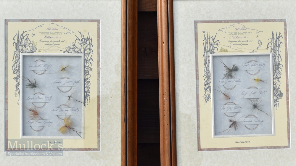 2x Framed fishing Fly Displays – Irish Mayfly – each containing 5 flies brown wooden frames with