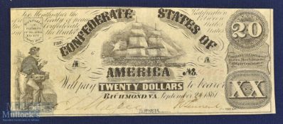 Confederate States of America Banknote an early issue by the Confederate States Banknote dated