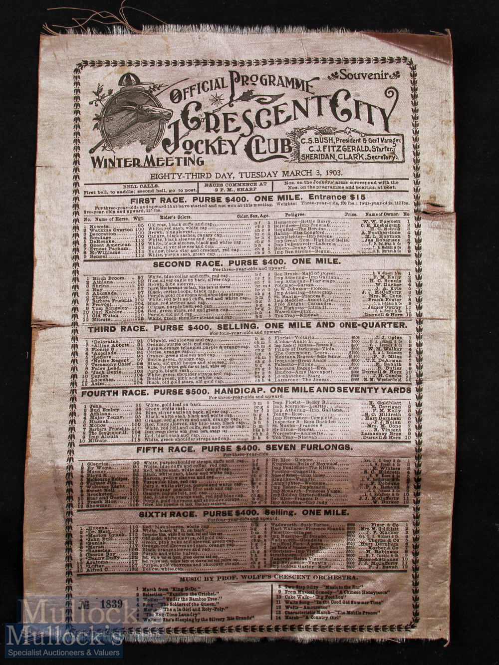 United States - Crescent City Jockey Club 1903 Silk Programme of that day's horse races. Listing the