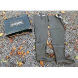 Barbour Thigh Waders size 9 Eur44 in green with studs in worn maker's carry box