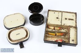 Collection of early black japanned salmon/bait/fly tins (3) - scarce C Farlow & Co 191 The