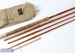 J S Sharpes of Aberdeen 14ft split cane spliced salmon fly rod 3pc line 10/11#, with spare tip,