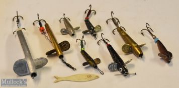 Display case of various Spinners, Devons, minnows and other lures - to incl Hardy Halcyon Spinner,