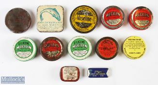 Quantity of 12x Fishing Advertising Tins to include, Mucilin, Cheesebrough Vaseline, J C Higgins