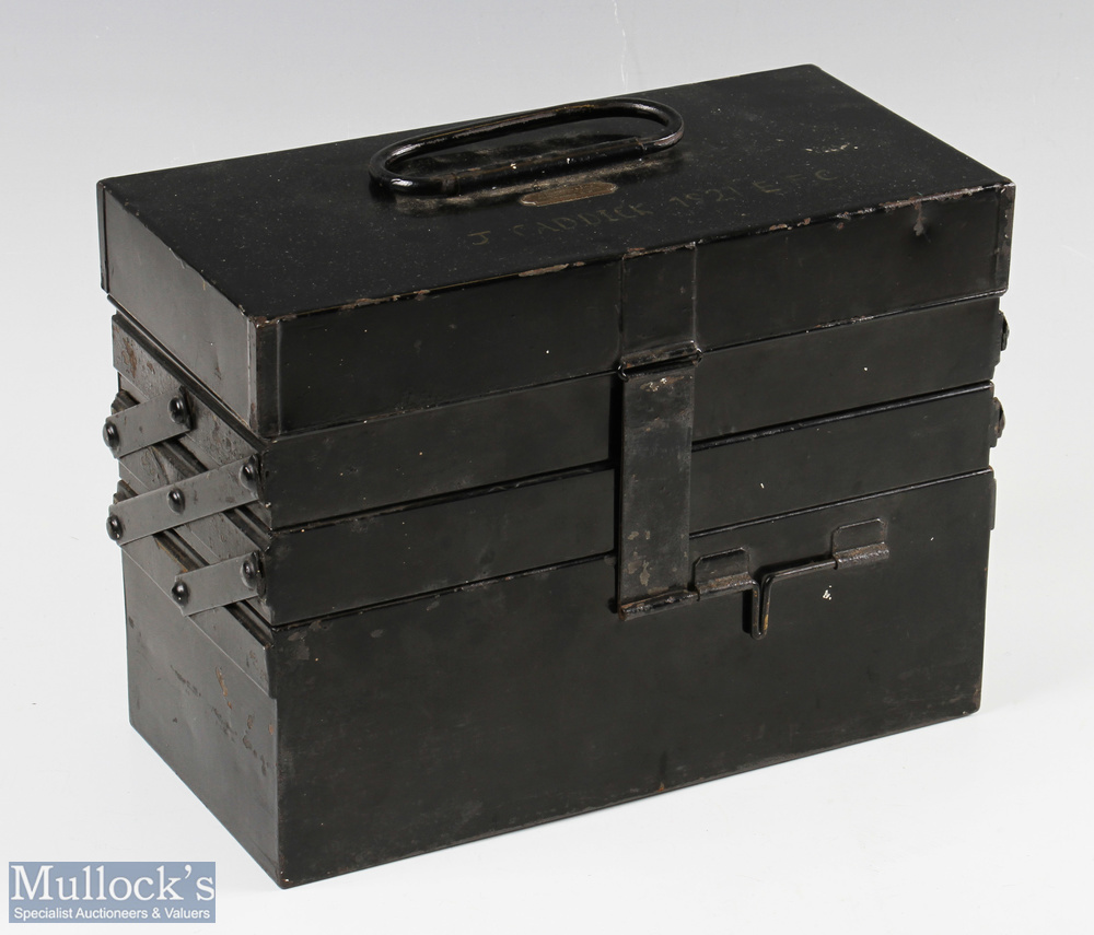 J Bernard & Son, London black Japanned Fishing Accessories carrier in tin, with maker's plaque to - Image 3 of 5