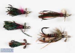 5x Hardy Bros Halcyon Lures features sizes from ¾" to 1" approx., single and treble hooks apparent -