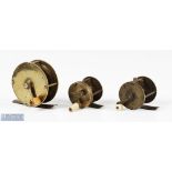 Collection of various Vic small brass multiplying and other crank wind reels (3) - 1 5/8" x 1 1/8"