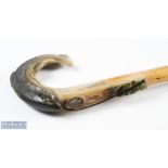 Fine possibly Thorn wood 57" Wading Stick with Salmon carved horn handle - the salmon with a glass