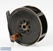 Moscrop of Manchester 4" patent brass fly reel in black finish, screw adjuster to central ventilated