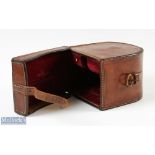 Farlows London 'D' block leather reel case 4 ¾", burgundy lining, all stitching sound and original