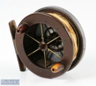 Early c1900s Allcocks Aerial 3 ½" ebonite drum centrepin reel with alloy rear, brass foot stamped '